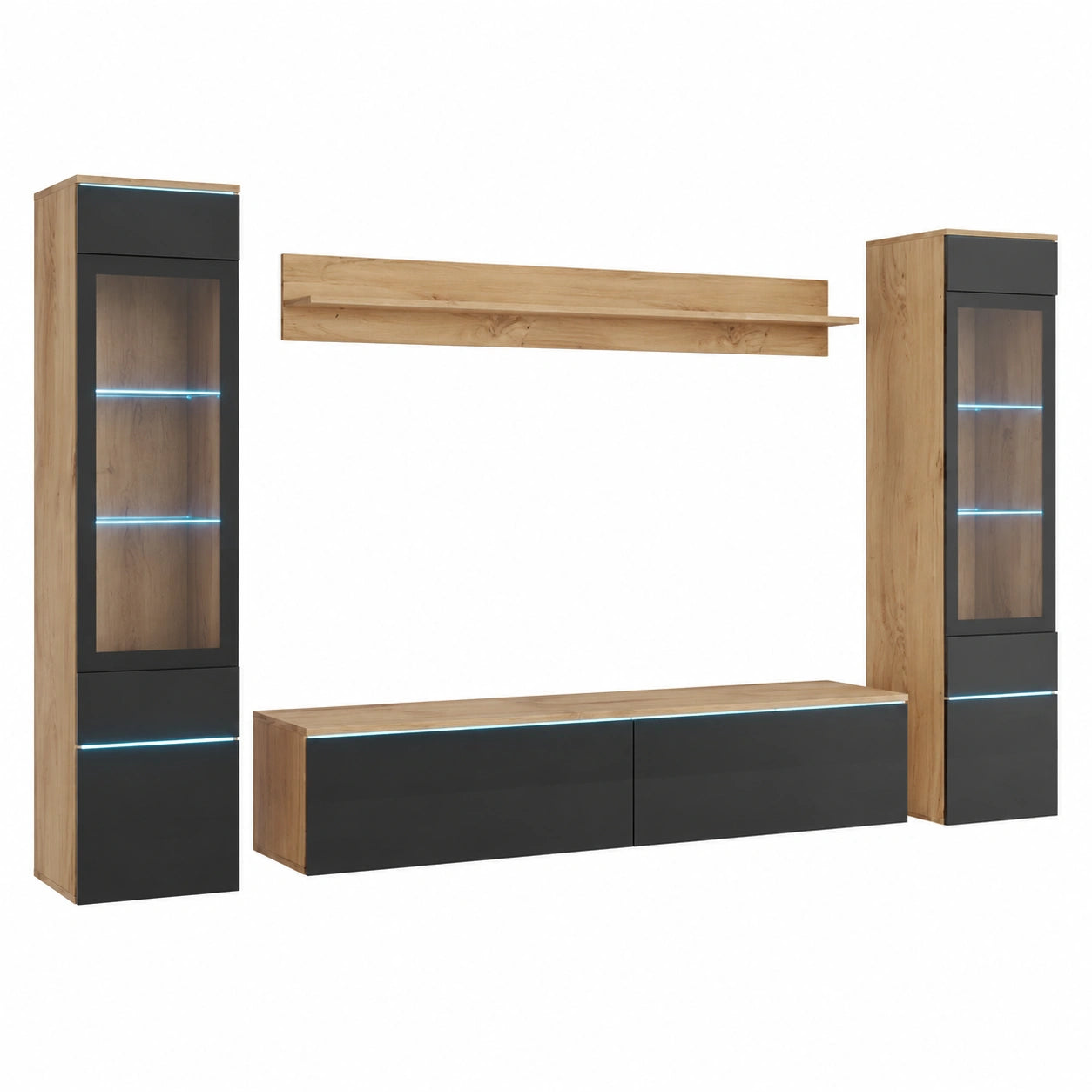 Moderne Wohnwand Set 4-teilig mit LED-Beleuchtung, Wotan Eiche & Schwarzglanz, Vitrine, Lowboard, Wandregal