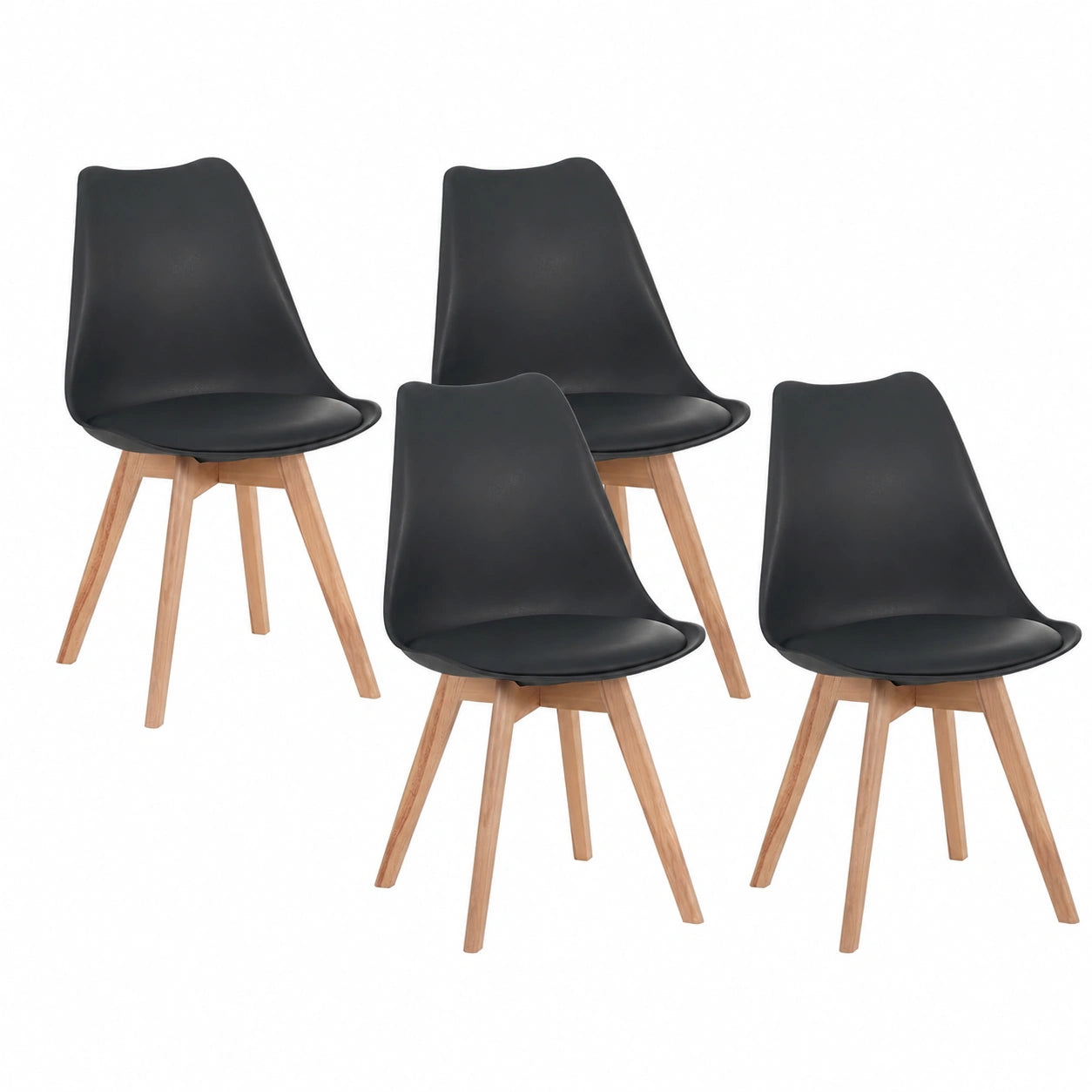 Set aus 4 Skandinavischen Esszimmerstühlen in Schwarz mit Kunstlederpolster und Buchenholzbeinen
