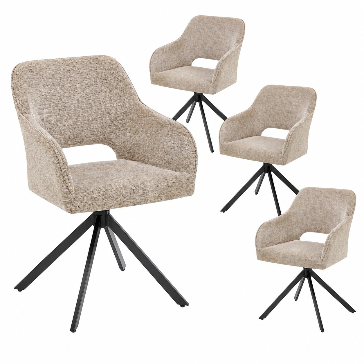 4er Set Esszimmerstühle Milly mit Stoffbezug in Beige, 360° Drehfunktion und Armlehnen, ideal für Esszimmer und Büro