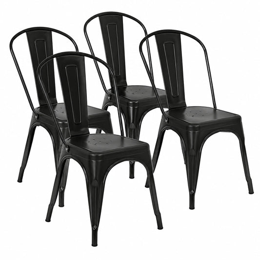 4er-Set Industrielle Esszimmerstühle, Vintage, stapelbar, mit Rückenlehne, Eisen, Innen- und Außenbereich, Schwarz