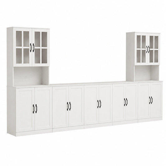 VOWNER Modularer TV-Schrank, 5-teilig, mit Glastüren & Regalen für Fernseher bis 75 Zoll, Weiß, 300 x 180 x 40 cm