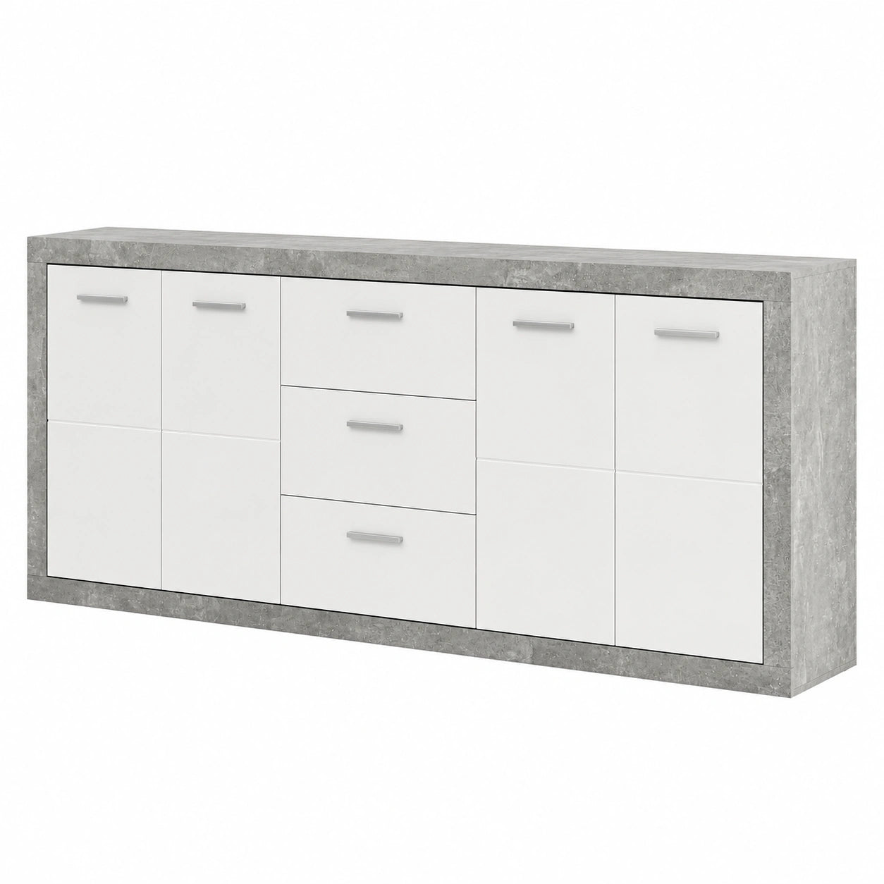 Moderne Sideboard in Betonoptik mit Hochglanz-Weiß und Schubladen