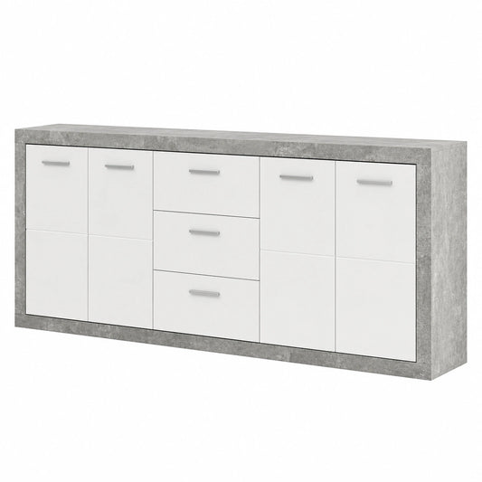 Moderne Sideboard in Betonoptik mit Hochglanz-Weiß und Schubladen