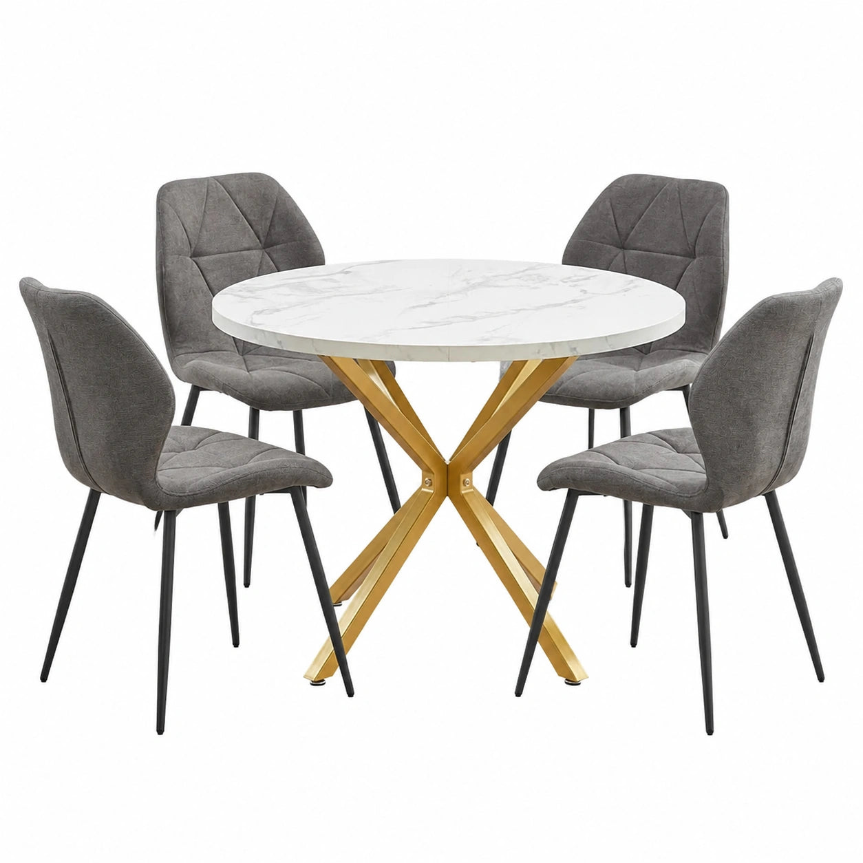 Moderner 5-teiliger Essgruppe mit rundem 100cm Tisch und 4 Leinenstühlen, ideal für Küche und Wohnzimmer in Weiß/Gold und Grau