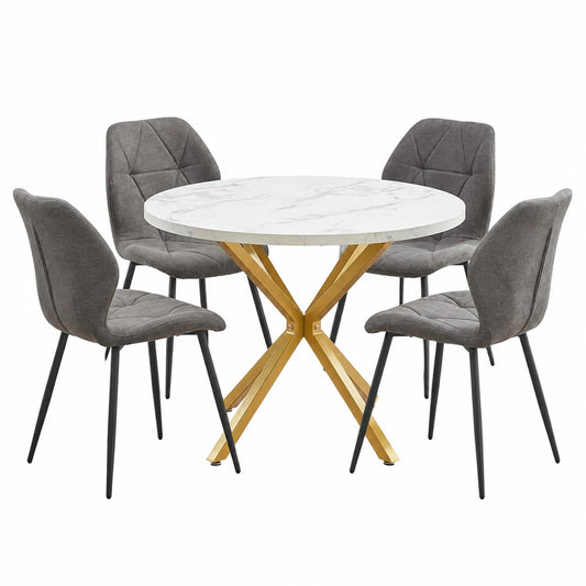 Moderner 5-teiliger Essgruppe mit rundem 100cm Tisch und 4 Leinenstühlen, ideal für Küche und Wohnzimmer in Weiß/Gold und Grau