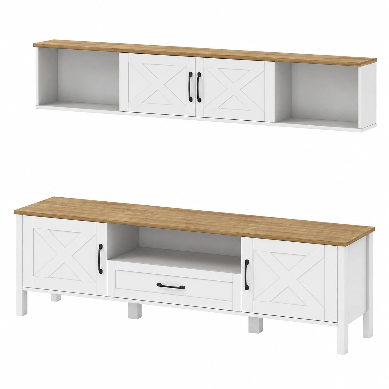 Merax Moderne Wohnwand für Wohnzimmer, elegantes TV-Möbelset mit Vitrine, platzsparendes Design, TV bis 80 Zoll, Weiß und Holzoptik