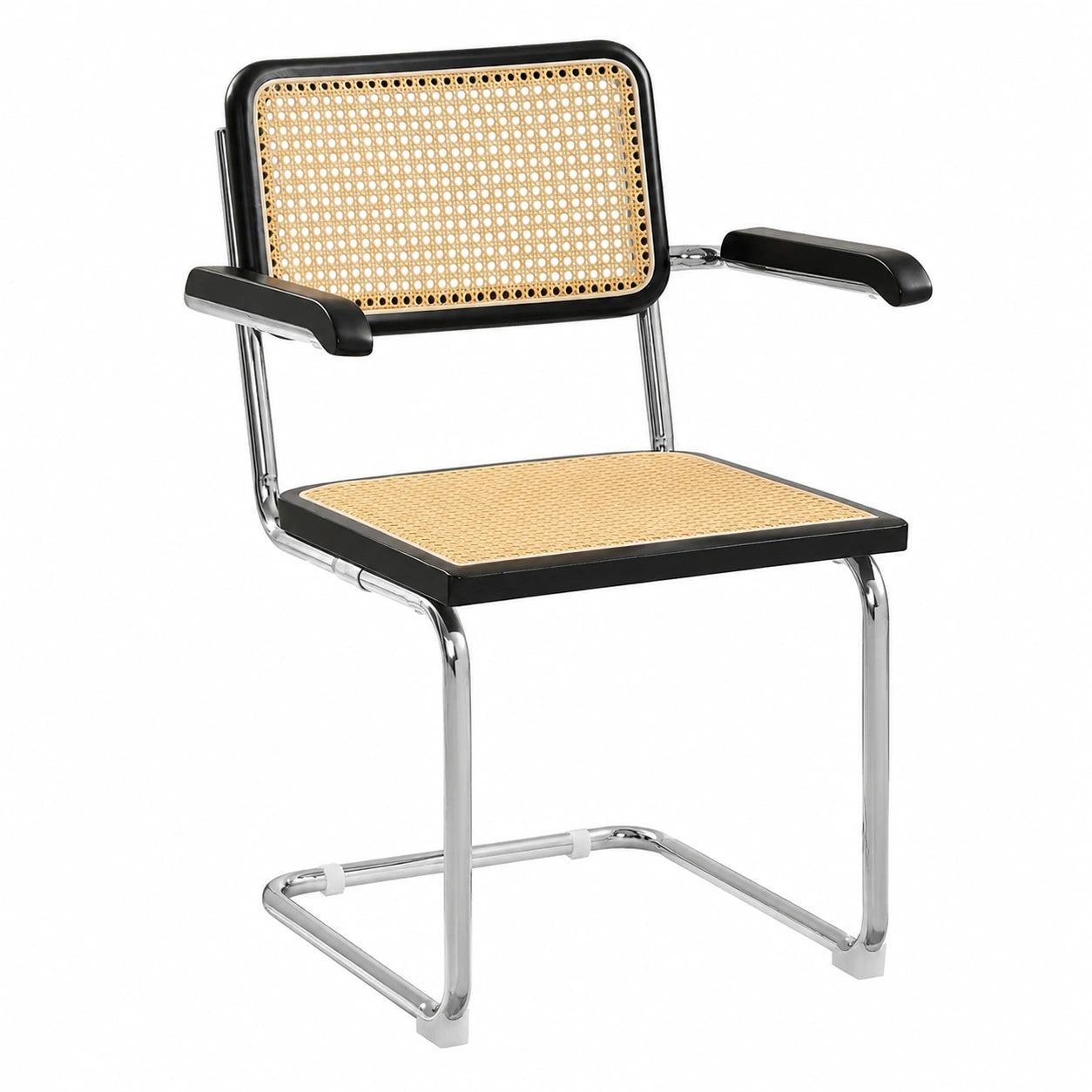 Zouron 4er Set Rattan Freischwinger Esszimmerstühle mit Holzrahmen und Chrombeinen - Schwarz