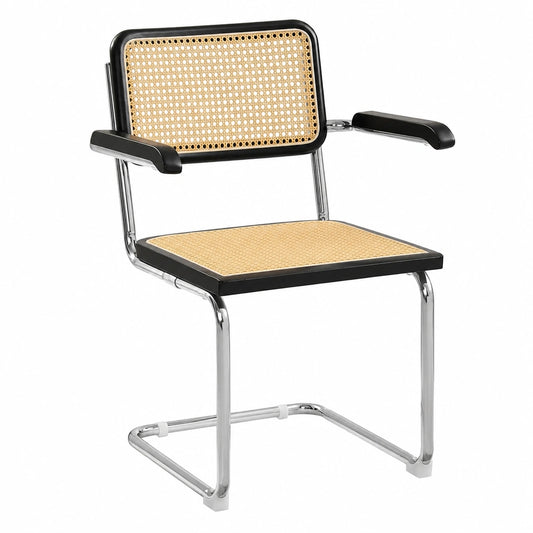 Zouron 4er Set Rattan Freischwinger Esszimmerstühle mit Holzrahmen und Chrombeinen - Schwarz